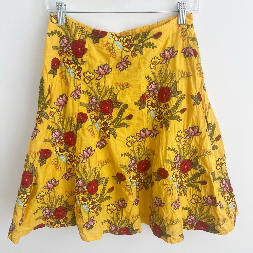 Johnny Was Yellow Embroidered Floral Midi Length Skirt Boho Cotton A-Line Size 2 - Picture 7 of 11